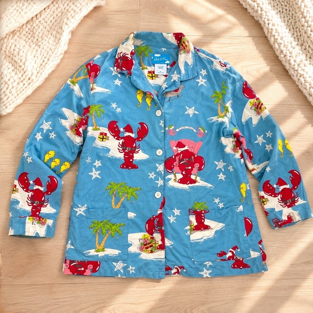 Vintage 2005 Nick & Nora Santa Claws Lobster Pajama Top M Y2K Christmas (Flaw)